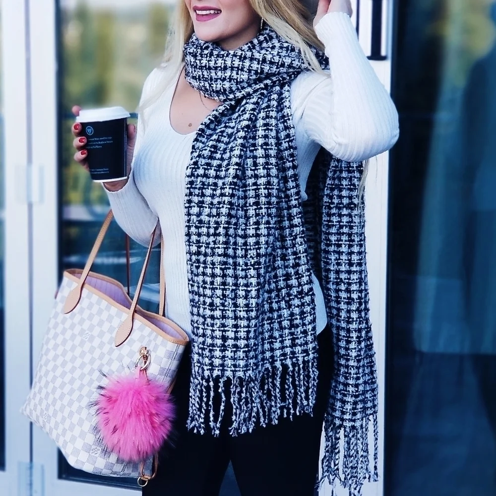 womens Oversized Winter knit with fringe Scarf - Black / White